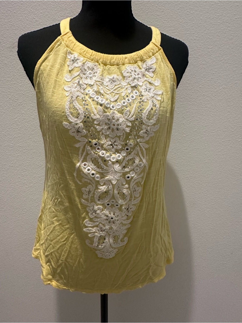 INC International Concepts Yellow Halter Camisole with White Embroidery